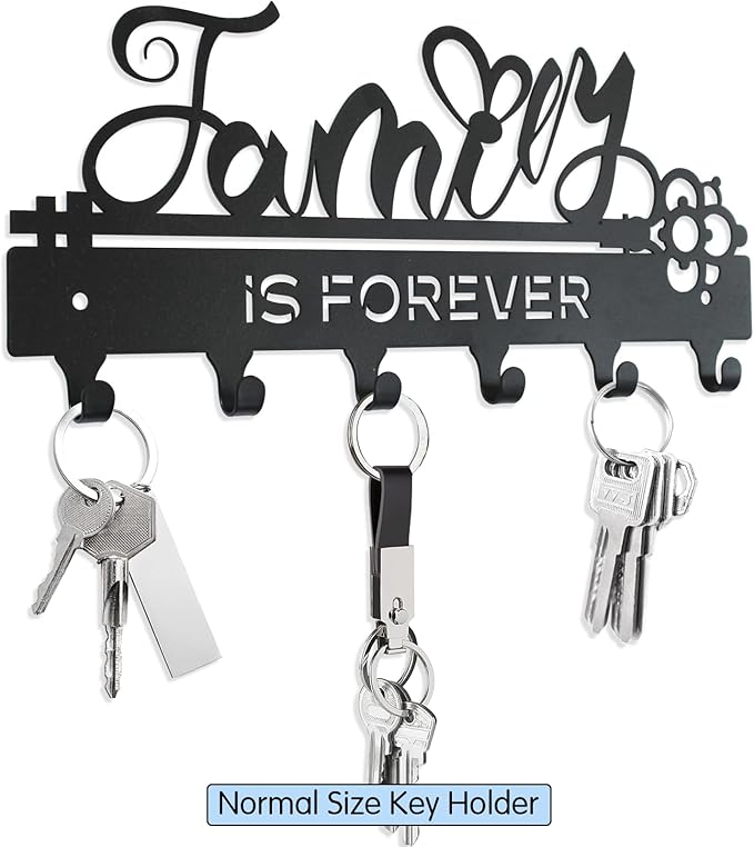 ”Family is Forever”Key Holder Wall Mounted,Key Holder on Wall,Black Metal Decorative Key Rack Hooks for Garage,Mudroom,Hallway,Entryway,Front Door,Office(Normal Size:28x12.3cm)