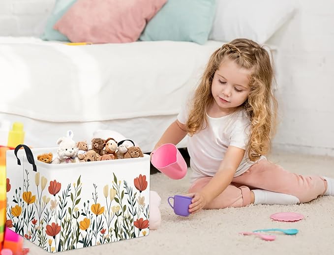 Rectangular Baby Kids Storage Basket for Home Kitchen Girls Cute Toy Storage Bin Organizer Shelf Book Room Decor(Fall Flower)
