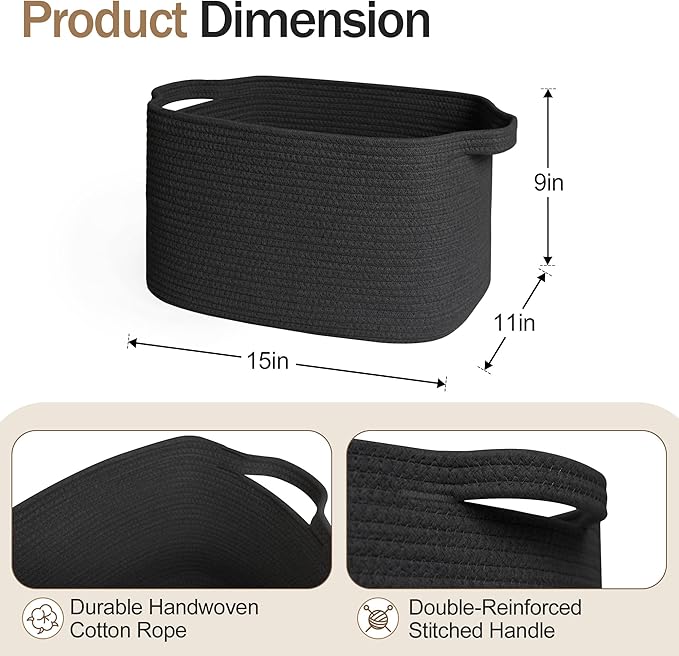 Black Woven Storage Basket - 15"x9"x11" Cotton Rope Basket for Organizing Shoes, Toys, Books, Towels, Rectangular Decorative Dog Toy Bin Box, Wicker Storage Bin for Entryway, Shelf, Gift Use