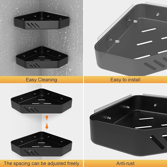 Ibergrif M34034B Shower Caddy Corner, Bathroom Corner Shelves, Bathroom Storage Shower Organizers, Self Adhesive or Wall Mounted, 2 Pack Black