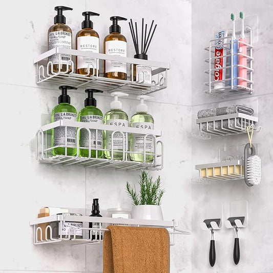 Shower Caddy 18 Pack,Adhesive Organizer for Bathroom Decor Accessories & Kitchen Storage,No Drilling,Large Capacity,Rustproof Stainless Steel Organizer,Home Decor Shelves (White 18 Pack)
