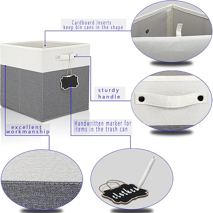 13x15x13 storage cube bins 4 Pack,Collapsible Fabric Storage Cubes with Labels,Linen Cube Storage Organizer Bins with Cotton Handles,Square Storage Cubes for Home,Office,Clothes,Cabinet(White Grey).