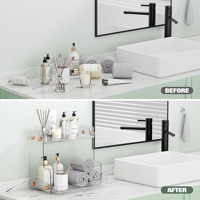 2 Tier Bathroom Countertop Organizer with Adhesive Support, Vanity Storage Rack for Skincare, Perfume & Makeup, Bathroom Counter Organizer Shelf, Space Saving for Bathroom, Kitchen, Coffee Bar