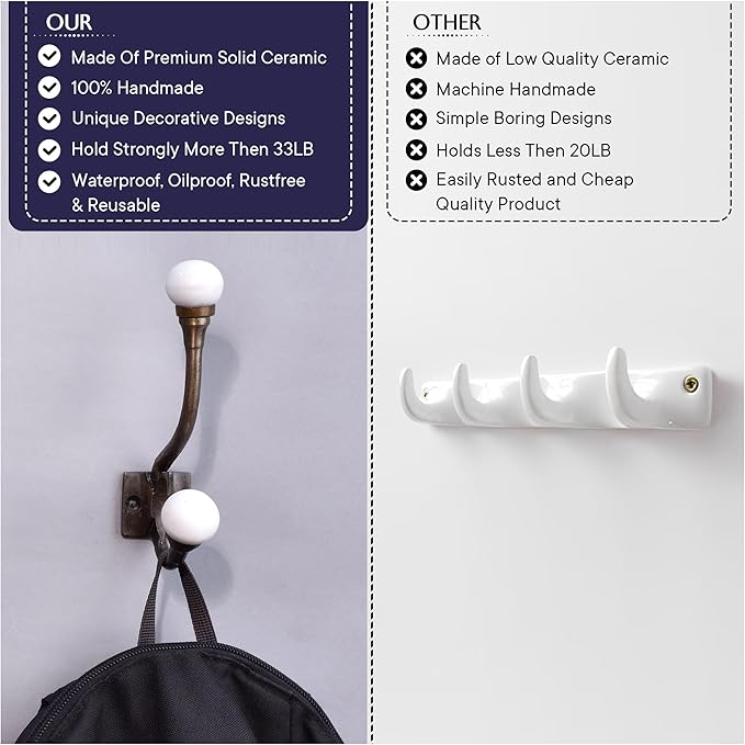 Indian Shelf Pack of 12 Heavy Duty Double Prong White Decorative Coat Hooks Unique Coat Rack Wall Mount Ceramic Wall Hooks for Hanging Towel Holder Backpack Purse Hanger- Style 8