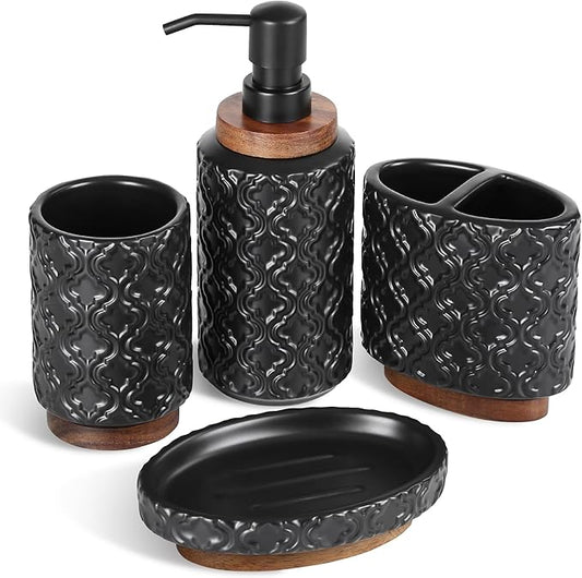 Elegant Bathroom Accessories Set 4 PCS Ceramic and Wood Bathroom Accessory Set Soap Dispenser Toothbrush Holder Tumbler Soap Dish Easy to Clean Quatrefoil Pattern Black