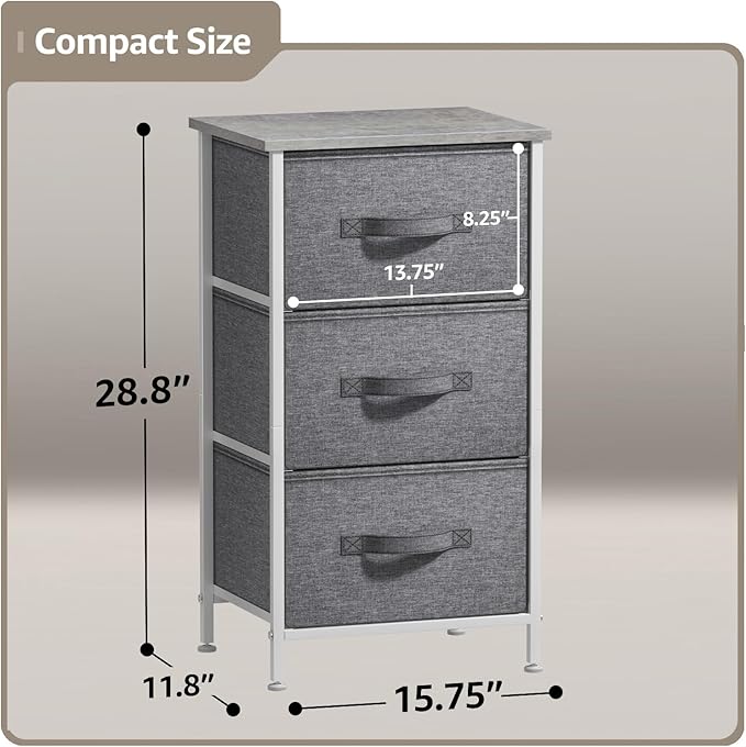 Sorbus Nightstand with 3 Drawers - Bedside Furniture & Night Stand End Table Dresser with Steel Frame, Wood Top, Easy Pull Fabric Bins for Home, Bedroom Accessories, Office & Dorm