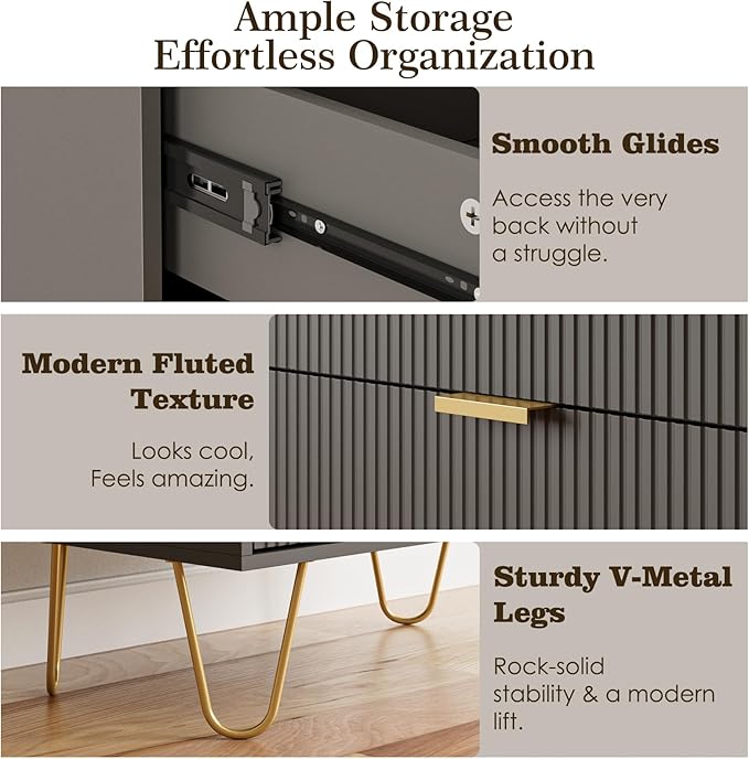 Masupu 4 Drawer Dresser, Drawer Chest, Tall Storage Dresser Chest Cabinet Organizer Unit with Gold Metal Legs, Nightstand for Bedroom, Living Room, Closet, Hallway Gray Stripe