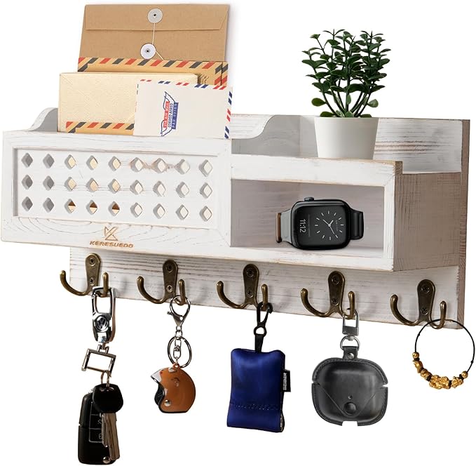 Key and Mail Holder Wall Mount - Mail Organizer Wall Mounted with Hooks and Storage Box, Key Rack for Entryway, Wall Mail Organizer for Home, Modern Farmhouse Decor, Easy Install Key Hanger (White)