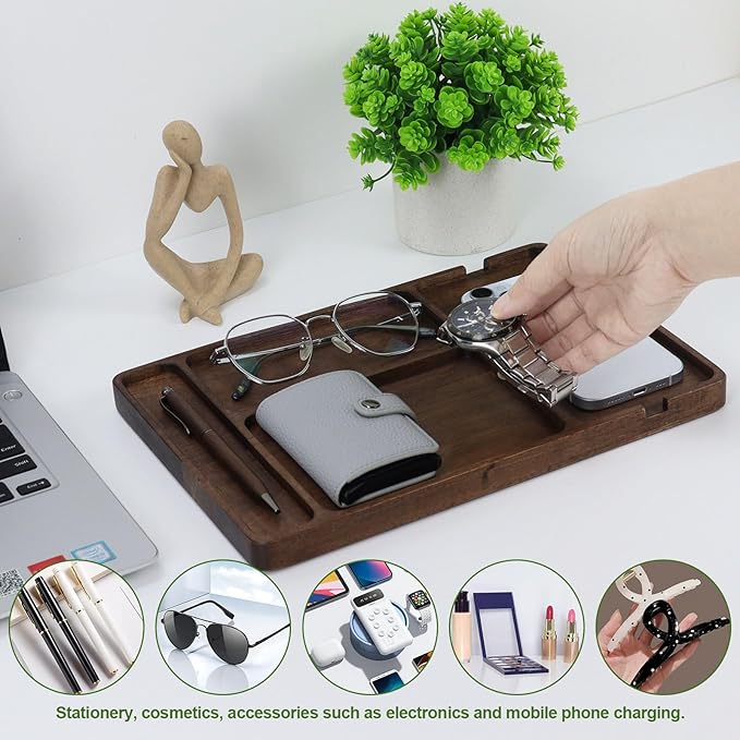 Multibey Walnut Wood Valet Tray - Wooden Nightstand Organizer for Men Women, 4 Slot Desk Drawer Organizer Tray, EDC Catch All Tray with Cable Slot for Phone Watch Wallet Key Jewelry