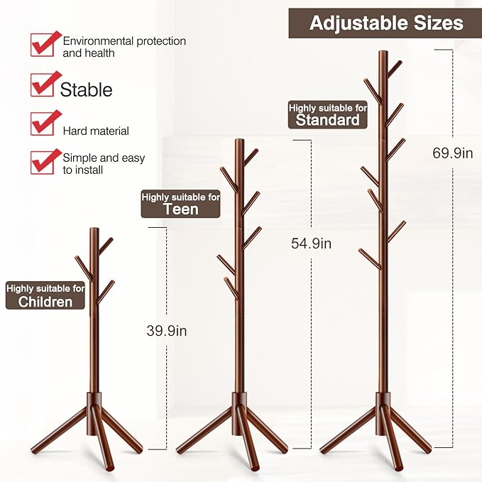 2 PCS Coat Rack, Freestanding Coat Rack with 8 Hooks and 3 Adjustable Size Tree Coat Racks for Bedroom, Hallway, Entrance, Office, for Hats, Coats, Scarves, Handbags