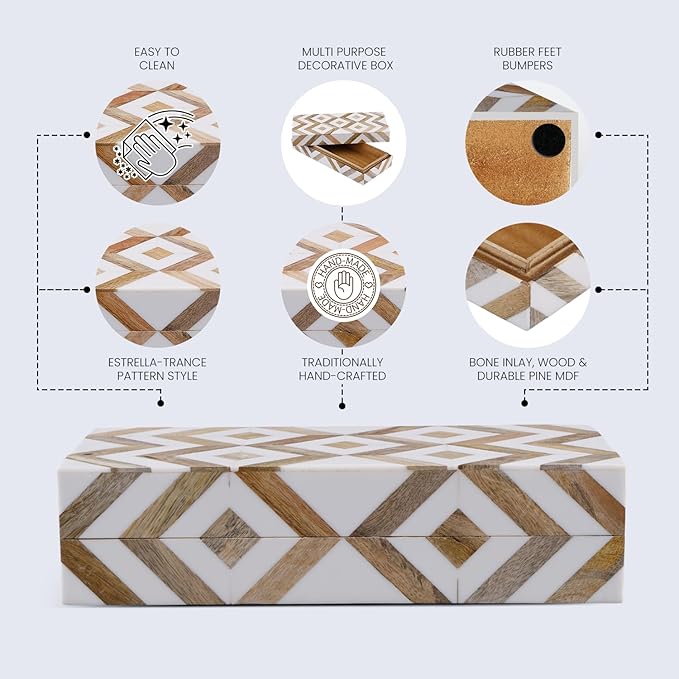 Handicrafts Home White Decorative Box with Lid–Marquet Resin Inlay & Wood Decorative Boxes for Home Decor, Decor, Storage Box for Jewellery & Keys White Brown Neutral Decorative Storage Box-10x4.5x2.5