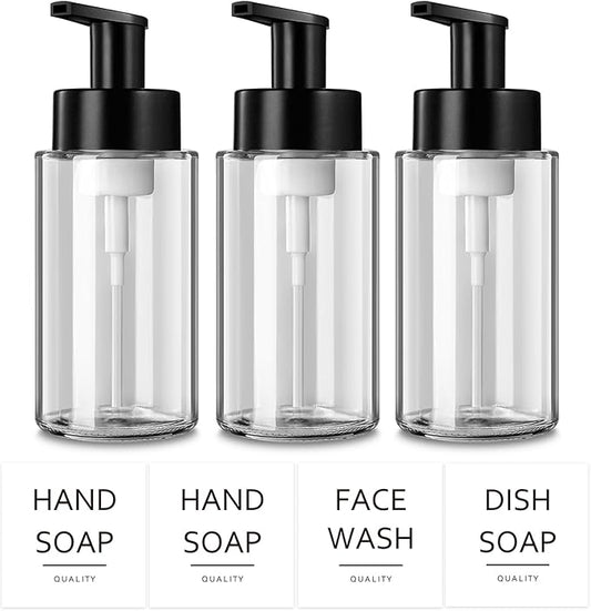 Foaming Soap Dispenser, 10 oz/300ml Foaming Hand Soap Dispenser, 3 Pack Glass Foaming Soap Dispenser for Bathroom & Kitchen, Clear Refillable Foam Soap Dispenser Bottle with Waterproof Labels