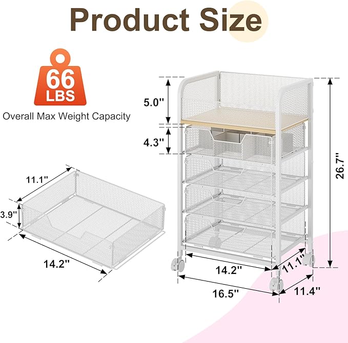 Makeup Cart Organizer with 4 Drawers, Large Floor Skincare Organizers, Vanity Storage Organizer Cosmetics Display Cases for Skin Care Perfume Nail Polish, White