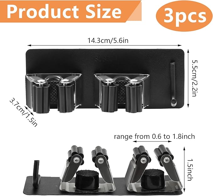 CEYAZYE 3Pack Broom & Mop Holder Wall Mount Organizer, Stainless Steel Broom & Mop Hanging Command Utility Tool for Garage, Storage, Home, Kitchen, Garden, Laundry Room (6 Racks & 3 Hooks, Black)