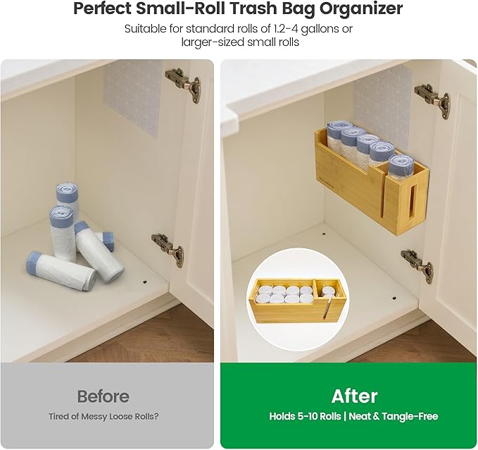 Bamboo Trash Bag Dispenser & Holder 1.2–4 Gallon, No-Drill Adhesive Wall Mount & Cabinet Door, Fits Up to 3.3” Diameter Rolls, Mini Garbage Bag Organizer for Kitchen Under Sink