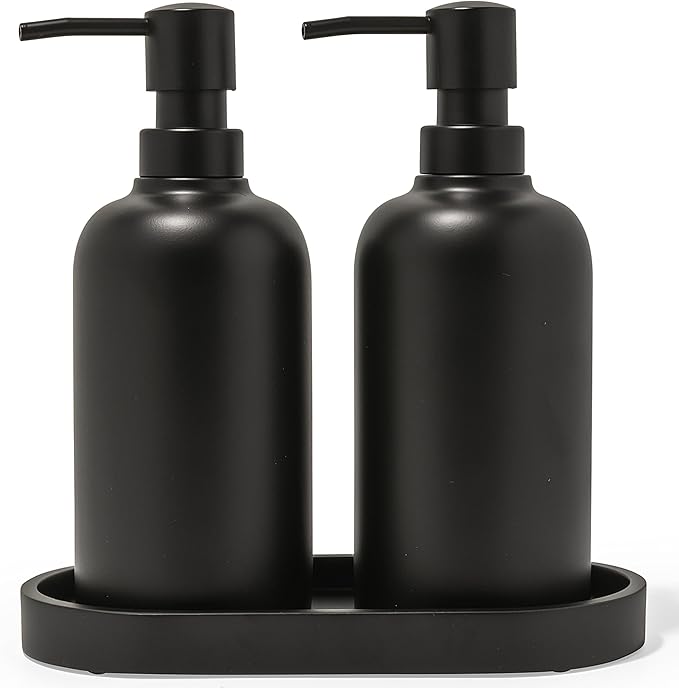 Matte Black Round Soap Dispenser Set with Tray for Kitchen, Countertop & Bathroom – 2 Pack 15 oz Refillable Resin Pump Bottle for Dish Soap, Hand Soap, Shampoo, Conditioner – Non-Slip Protective Pads