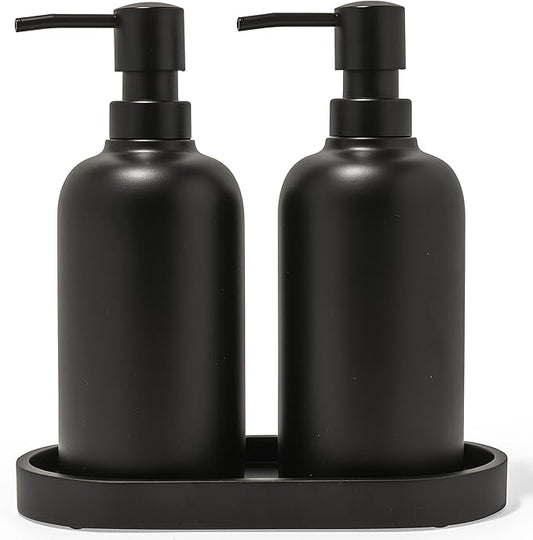Matte Black Round Soap Dispenser Set with Tray for Kitchen, Countertop & Bathroom – 2 Pack 15 oz Refillable Resin Pump Bottle for Dish Soap, Hand Soap, Shampoo, Conditioner – Non-Slip Protective Pads