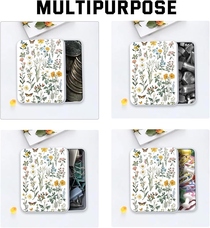 Metal Tin Box with Lid,Multi-functional Storage Large Box Can Store Tea Biscuits Game Cards, Playing & Tarot Cards-Comes with 4 Magnetic Cord Clips,Flower Garden Butterfly
