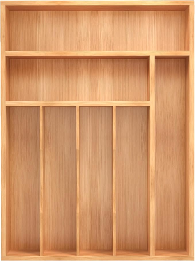 Bamboo Silverware Organizer, Kitchen Drawer Organizer, Utensil Holder, Cutlery Tray & Spoon Flatware Storage with Grooved Drawer Dividers (7 Slots, Natural)