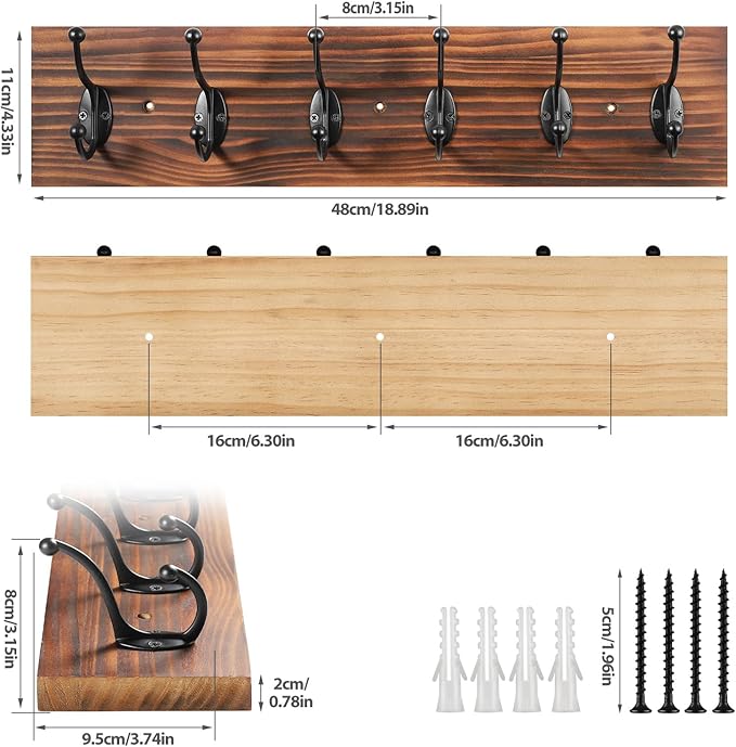 Wooden Coat Rack Wall Mounted, Vintage Coat Hooks Heavy Duty 6 Dual Coat Hangers for Wall,Brown
