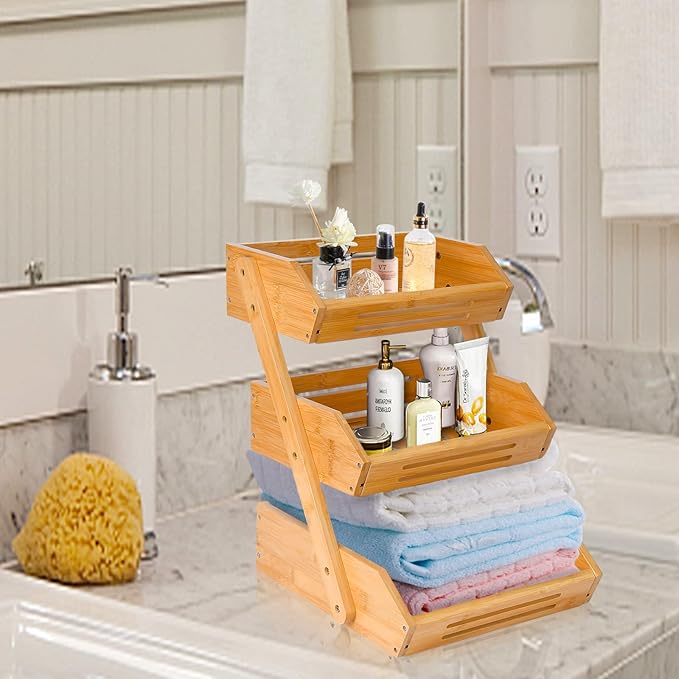Fruit Basket, 3 Tier Bamboo Fruit Bowl for Kitchen, Stand Storage Holder, Heavy Duty/Large Capacity for Fruit, Vegetables Countertop Organizer