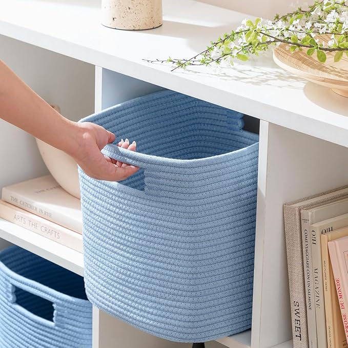 UBBCARE Set of 4 Cotton Rope Basket 13 X 13 X 13 Inches, Woven Storage Baskets for Shelves, Organizing with Handles, Cube Storage Bins for Storage Books, Magazines, Blue