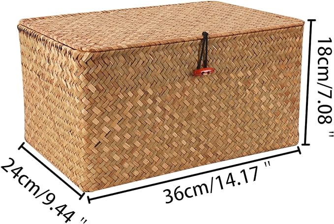 Wicker Shelf Baskets with Lid,Natural Seagrass Storage Basket Boxes Handwoven Rectangular Baskets Bins Multipurpose Home Organizer Decor (Large)