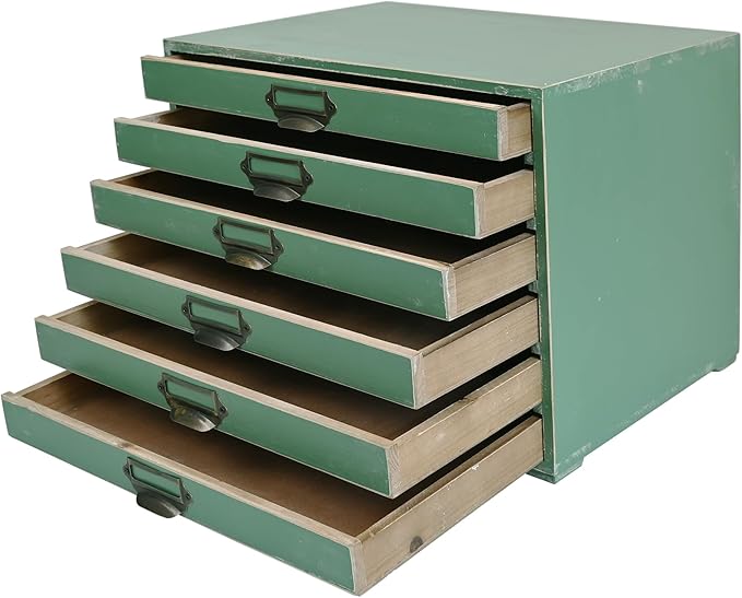 Vintage Wooden Storage Box Desktop Organizer Cabinet with 6 Drawers Rustic Farmhouse Distressed Decor Jewelry Cosmetics Craft Paper Small Tool Library Card Catalog Cabinet for Home Office Desk Green