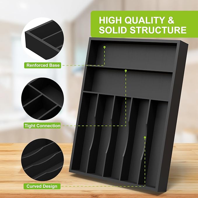 Sliverware Organizer, Bamboo Kitchen Drawer Organizer, Flatware Organizer Tray Holder for Sliverware, Utensil & Cutlery (Black, 7 Slots)