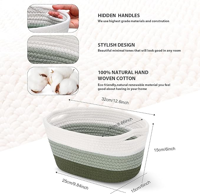 Sawysine 6 Pcs Storage Baskets Bulk for Organizing Cotton Rope Woven Basket with Handles for Gift Cloth Shelves Blanket Toys Living Room Bathroom(Green and White)