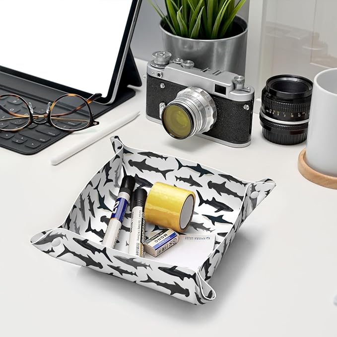 Sharks Nautical Boys Leather Vanity Tray Desktop Storage Organizer, Decorative Catchall Perfume Tray, Bathroom Valet Tray,Nightstand Caddy Holder for Keys Phone Wallet Coin Jewelry, S