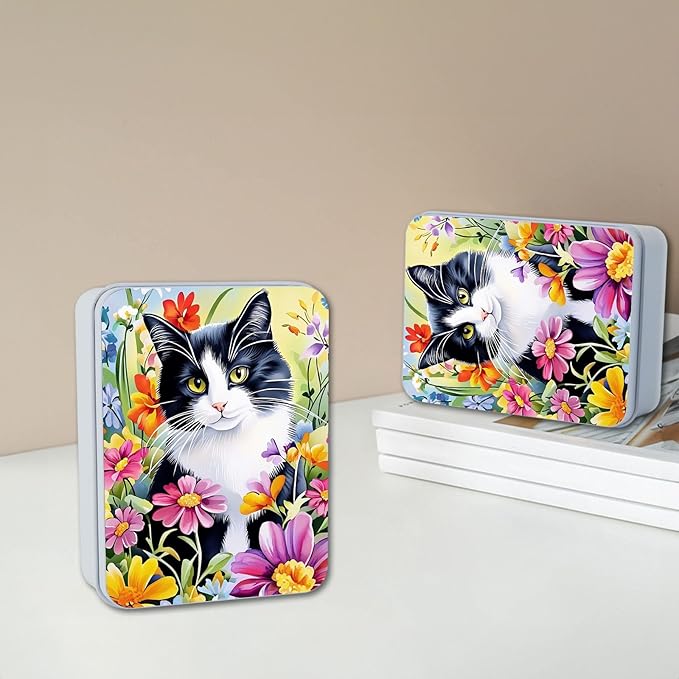 Metal Tin Box with Lid,Multi-functional Storage Box Can Store Tea Biscuits Game Cards, Playing & Tarot Cards-Comes with 4 Magnetic Cord Clips,Tuxedo Cat in Flowers