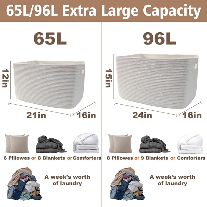 Woven Blanket Basket,65L Large Storage Bin for Blankets Toys Clothes,Decorative Rope Basket for Living Room Bedroom with Handles, White