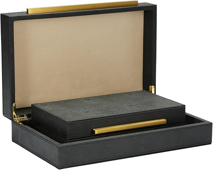 Set of 2 Black Shagreen Leather Decorative Boxes With Gold Handles, Faux Leather Jewelry Boxes Modern Storage Boxes Memory Boxes Home Organizer Box (Black-Gold, 2pack)
