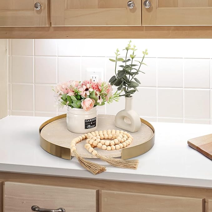 Travertine Tray, Round Marble Vanity Bathroom Countertop Tray, Ceramic Decorative Trays for Coffee Table (L)