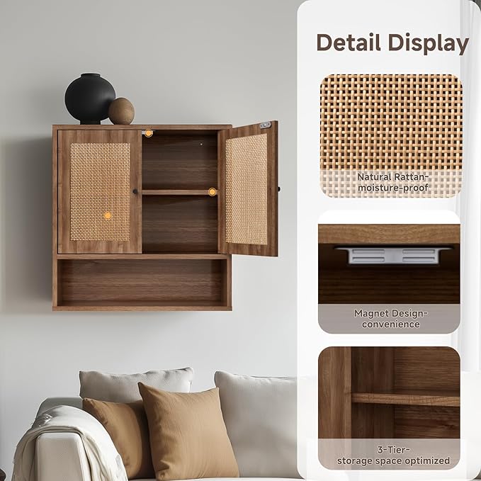 Wall Mounted Cabinet with Rattan Double Doors, 3-Tier Storage for Bathroom Over Toilet, Floating Shelf for Towels & Decor, Boho Medicine Cabinet for Kitchen, Dining Room, 23.23 x 7.68 x 24 in