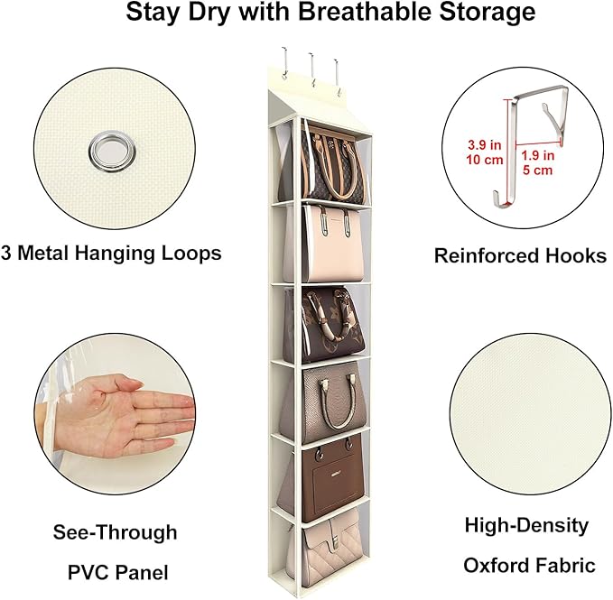 Lirex Over The Door Purse Organizer & Purse Shelf for Closet – Handbag Storage Organizer with Purse Hanger. Perfect for Scarves, Hats, and Leggings. L (15.7'' x 5.7'' x 68''), Cream White