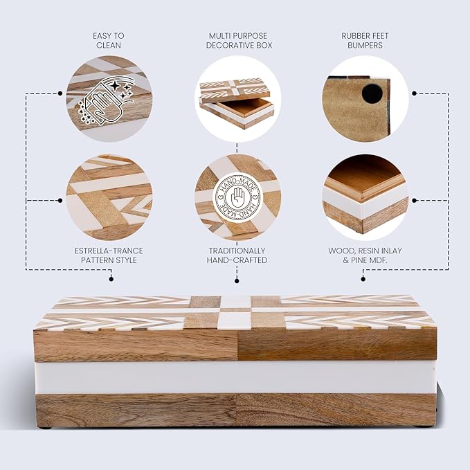Handicrafts Home White Decorative Storage Box with Lid Wood Remote Control Box Coffee Table Storage Box Remote Holder for Living Room Decor â Resin Inlay Patisserie Adorn Collection- 8x5x2