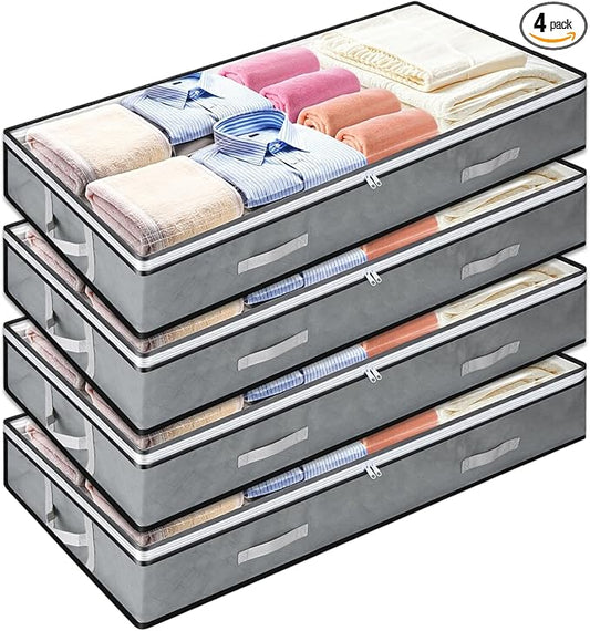 4 Pack 5.5 Inches High Under Bed Storage Containers, Low Profile Under Bed Storage Containers, Foldable Underbed Bag Stackable Closet Organizers for Blankets Clothing Comforter Wrapping Paper