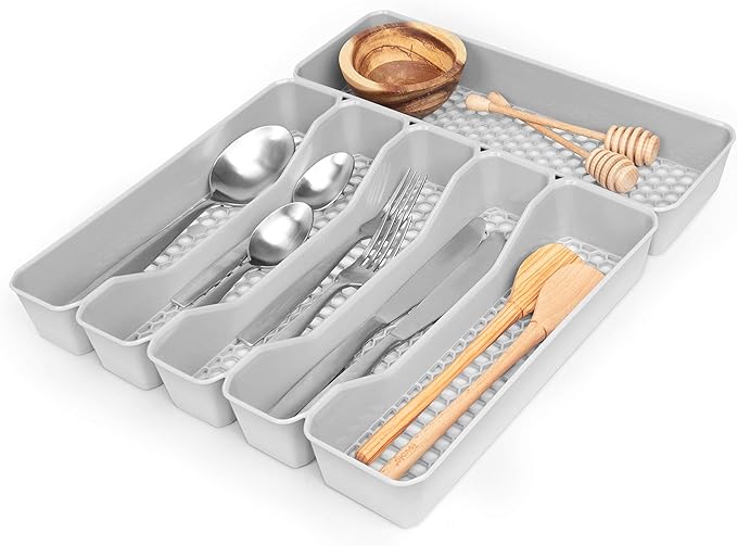 Spectrum HEXA 5-Divider Expandable Silverware Tray (Stone Gray) - In-Drawer Organizer for Kitchen Accessories, Cutlery, Knives, & More / Easy-to-Clean Home & Apartment Essential