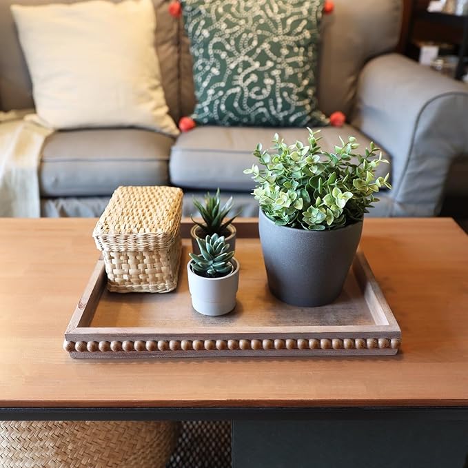 Wood Decorative Tray, Distressed Outdoor Serving Tray with Wooden Bead for Ottoman, Coffee Table, Entertaining, Home Decor, Rectangular 15.7â*11.8â*1.57â (Retro Brown)
