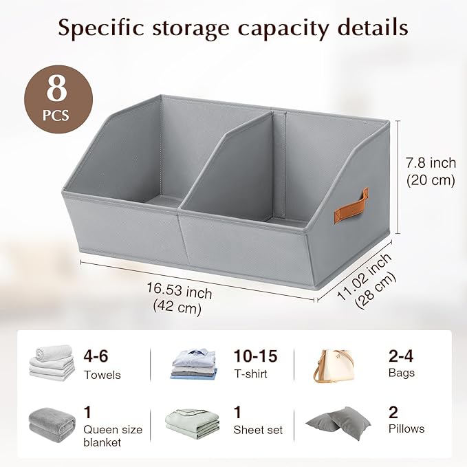 Closet Organizers and Storage Bins - 8 Pack Collapsible Divided Trapezoidal Cube Storage Bins Baskets For Organizing Clothes Blankets,Toys, Books, Towels(Light Grey)