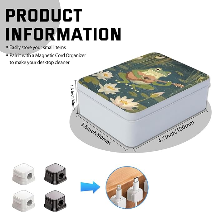 Metal Tin Box with Lid,Multi-functional Storage Box Can Store Tea Biscuits Game Cards, Playing & Tarot Cards-Comes with 4 Magnetic Cord Clips,Frog Playing Guitar