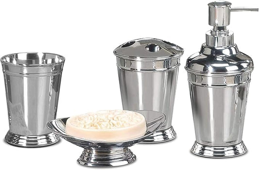 nu steel Timeless 304 Stainless Steel Bath Accessory Set for Vanity Countertops,4 Piece Luxury Ensemble Includes Dish,Toothbrush Holder,Tumbler,soap and Lotion Pump, Chrome Plated