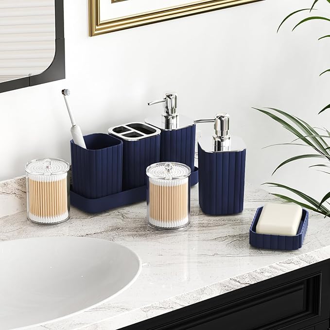 Navy Blue Bathroom Accessories Set - Gorgeous Bathroom Set, 10PC Bathroom Accessory Set, Toilet Brush, Trash Can, Qtip Holder & Soap Dispenser