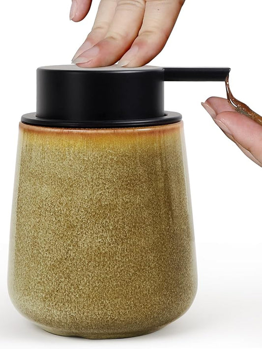 INGOFIN Ceramic Lotion Dispenser - 12 oz Refillable Hand Soap Dispenser Bathroom, Modern Liquid Soap Dispenser with Pump, Dish Dispenser for Kitchen,Kiln-Glazed Earthy Greenish-Brown