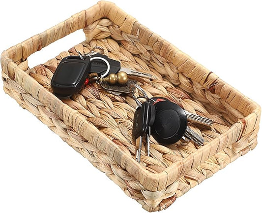 Hipiwe Small Keys Basket for Entryway Table Decorative Wicker Basket Tray Woven Organizer Baskets Water Hyacinth Snacks Fruit Serving Trays for Keys Wallet Cell Phone Candy Organizing, 9.8"x6.3"
