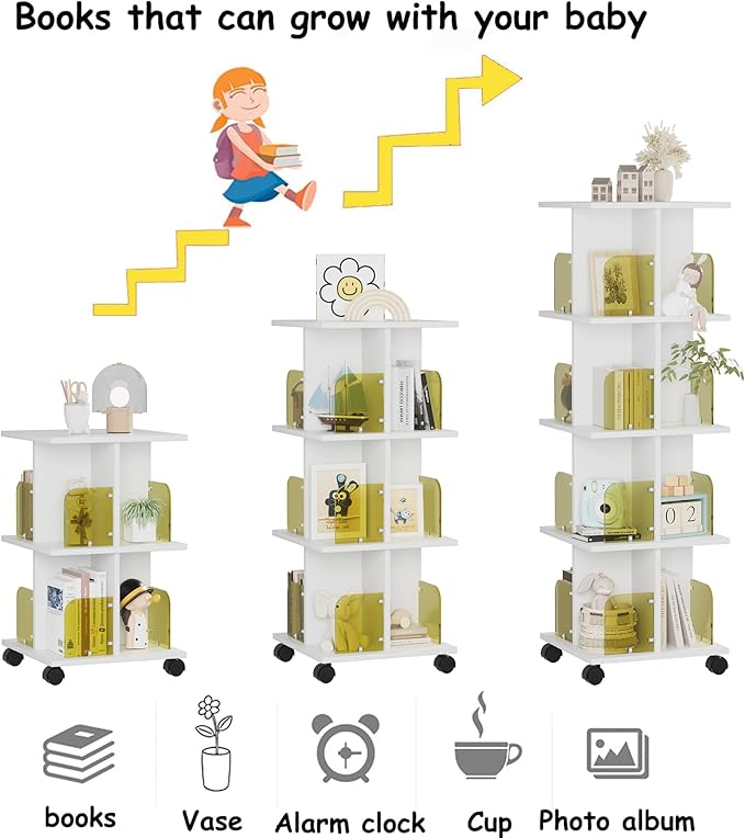 VECELO 4 Tier Rotating Bookshelf, 360Â°Corner Display Shelf with Wheels, Book Storage with Acrylic Windows, Wood Narrow Book Shelf Organizer for Small Space, Bedroom, White