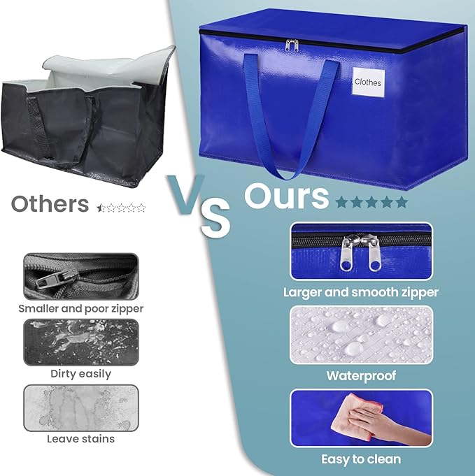 HomeHacks Moving Bags Heavy Duty with Strong Zippers and Handles Collapsible Moving Supplies, Storage Totes for Packing & Moving Storing 93L,4-Pack, Blue