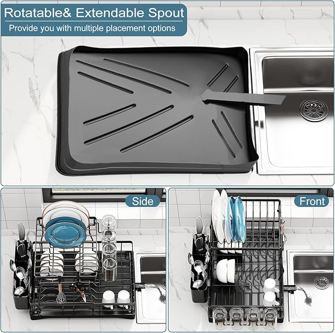 Dish Drying Rack, 2 Tier Dish Racks for Kitchen Counter, Large Stainless Steel Kitchen Dish Drying Rack with Drainboard, Detachable Dish Drainers with Utensil Holders